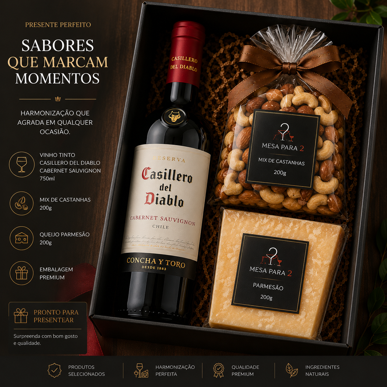 Kit Vinho Casillero del Diablo + Queijo Parmesão + Castanhas Premium | Presente Sofisticado Pronto para Surpreender