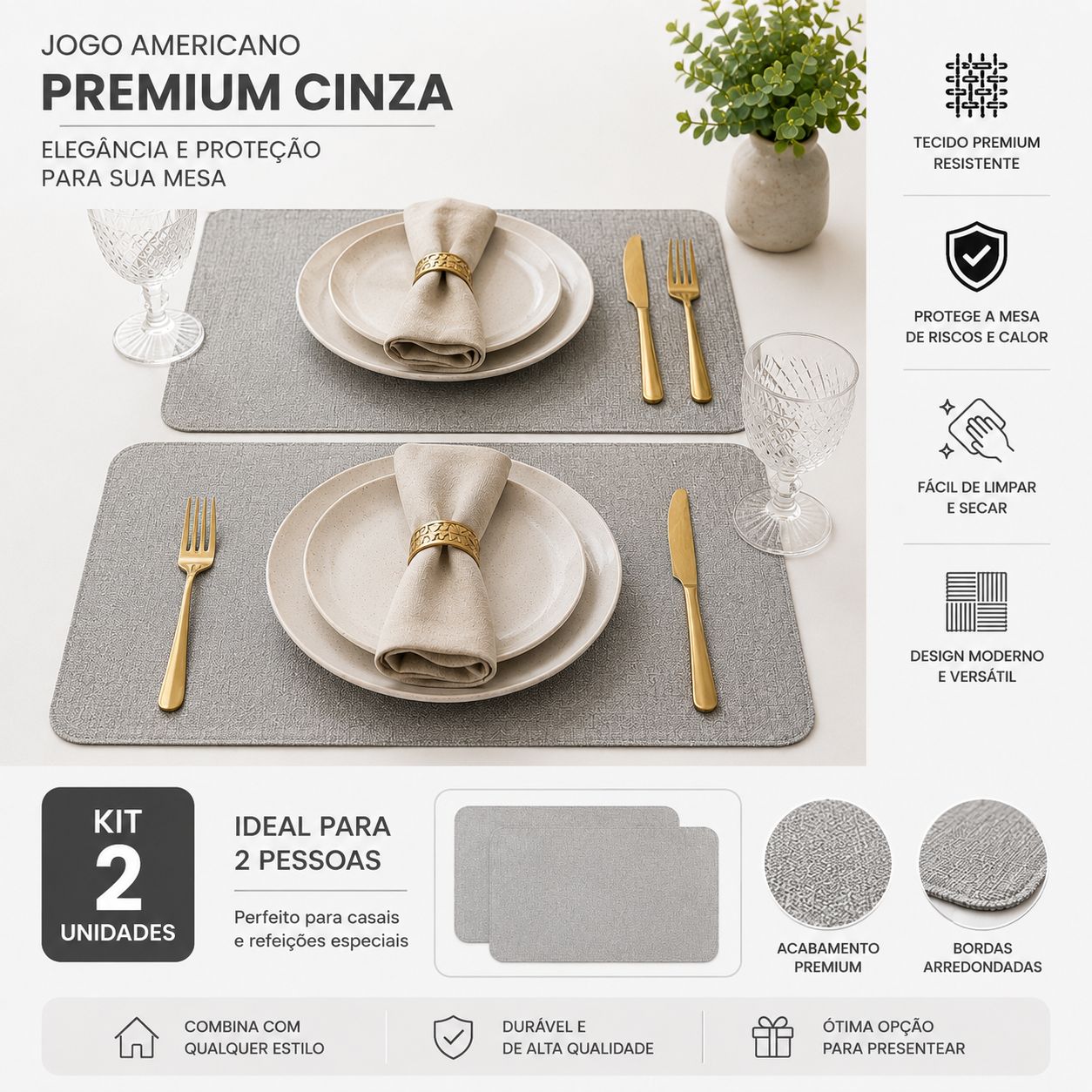 Jogo Americano Premium Cinza – Kit Completo para 2 Pessoas