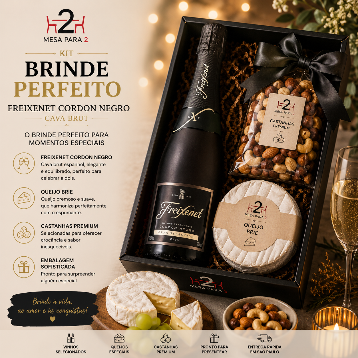 Kit Brinde Perfeito com Freixenet Cordon Negro, Queijo Brie e Castanhas Premium – Presente Elegante