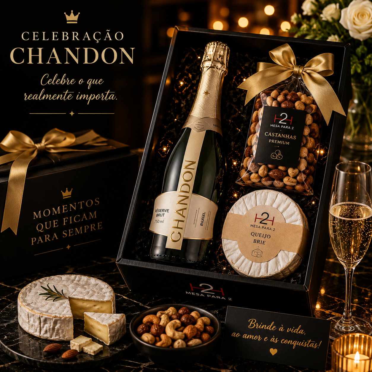 Kit Celebração Chandon com Espumante Chandon Réserve Brut, Queijo Brie e Castanhas Premium