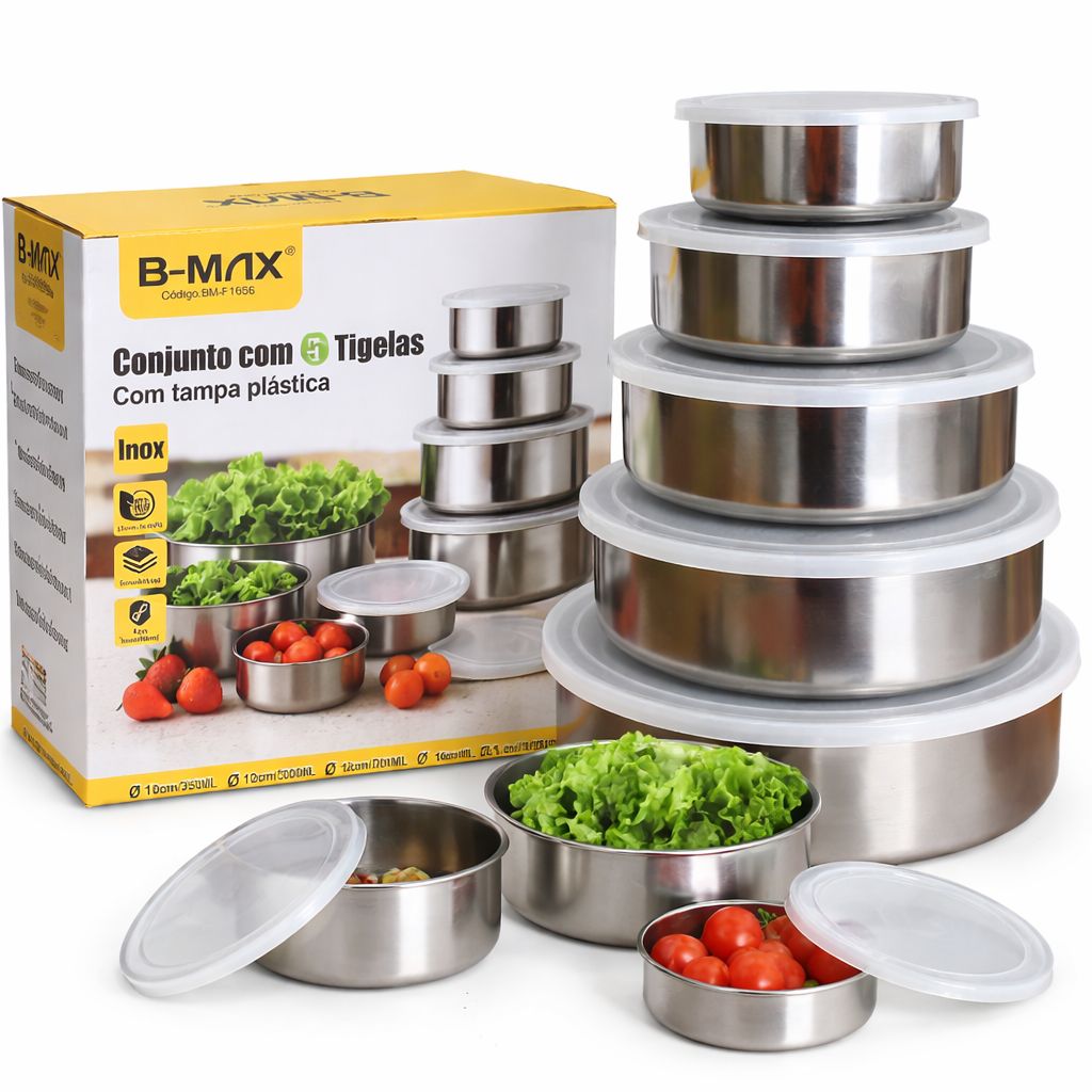 Kit 5 Tigelas Inox com Tampa – Organização Inteligente e Conservação Premium