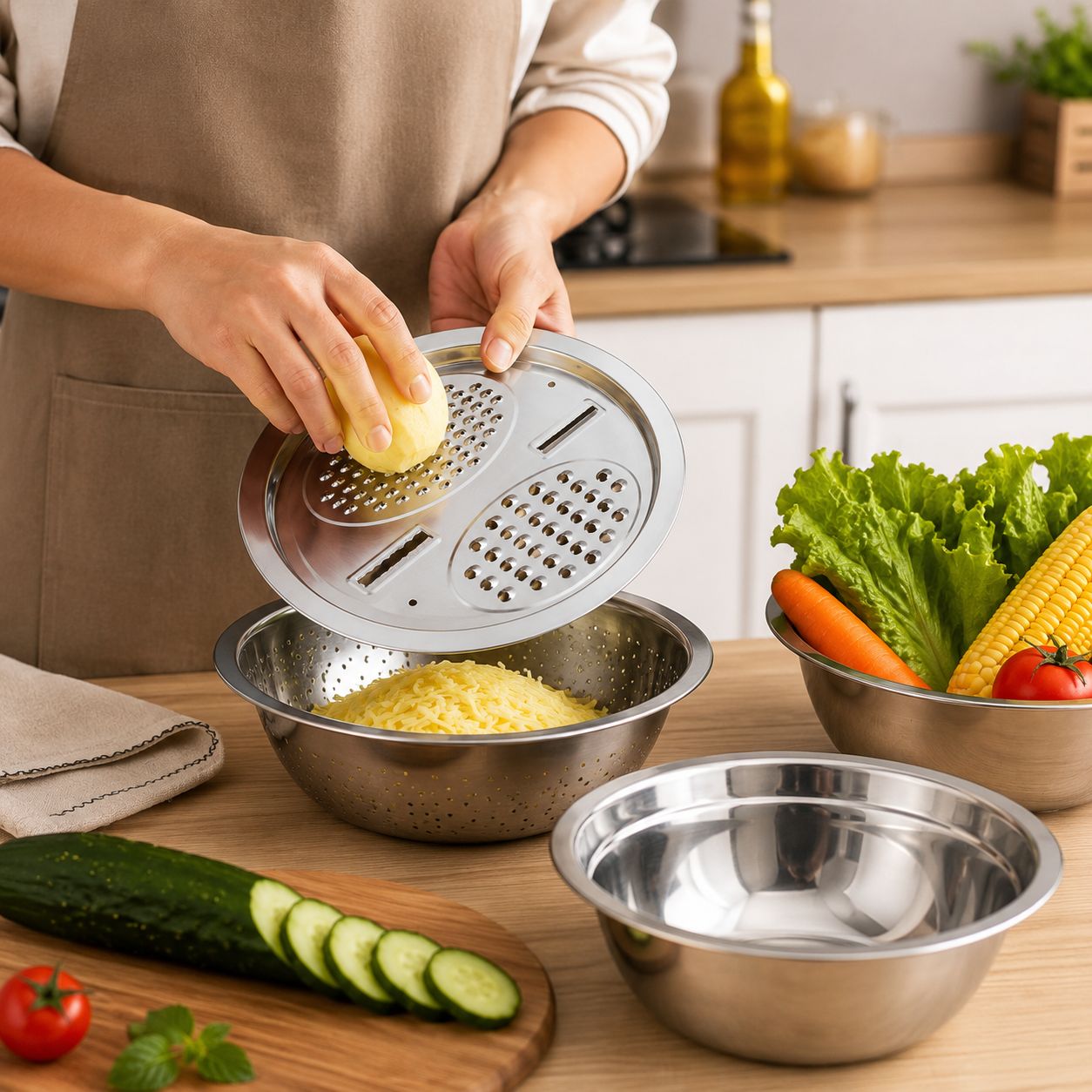 Kit Bacia Inox 3 em 1 com Ralador e Escorredor – Multiuso Gourmet Premium