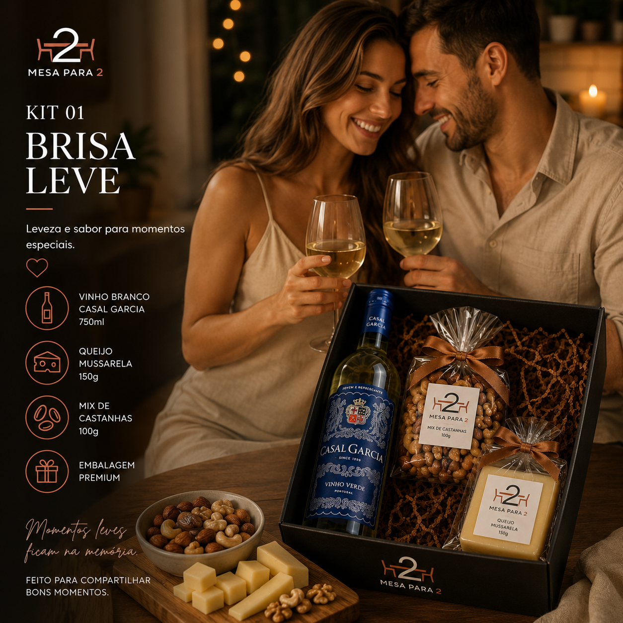 Kit Presente com Vinho Branco Casal Garcia, Queijo Mussarela e Mix de Castanhas | Brisa Leve