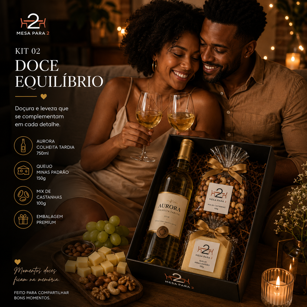 Kit Presente com Vinho Doce Aurora Colheita Tardia, Queijo Minas e Castanhas | Doce Equilíbrio
