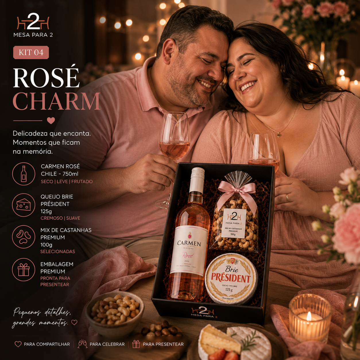 Kit Presente com Vinho Rosé Carmen Chileno, Queijo Brie Président e Castanhas Premium | Rosé Charm