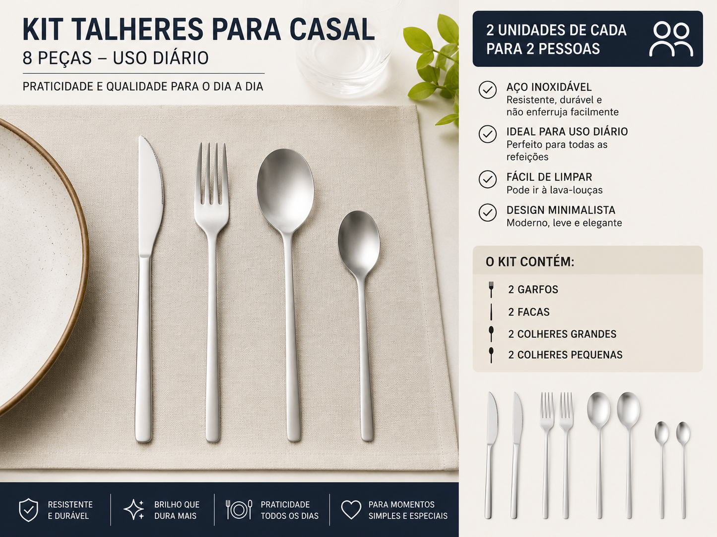 Kit Talheres Premium Casal em Aço Inox – 8 Peças (Design Minimalista)