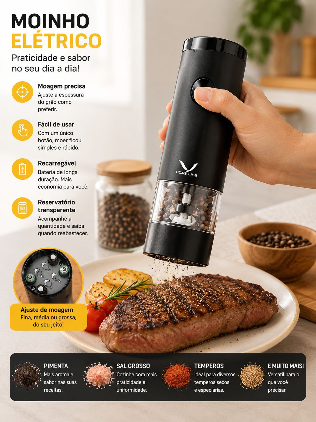 Moedor Elétrico Premium de Pimenta e Temperos – Moagem Automática com 1 Toque