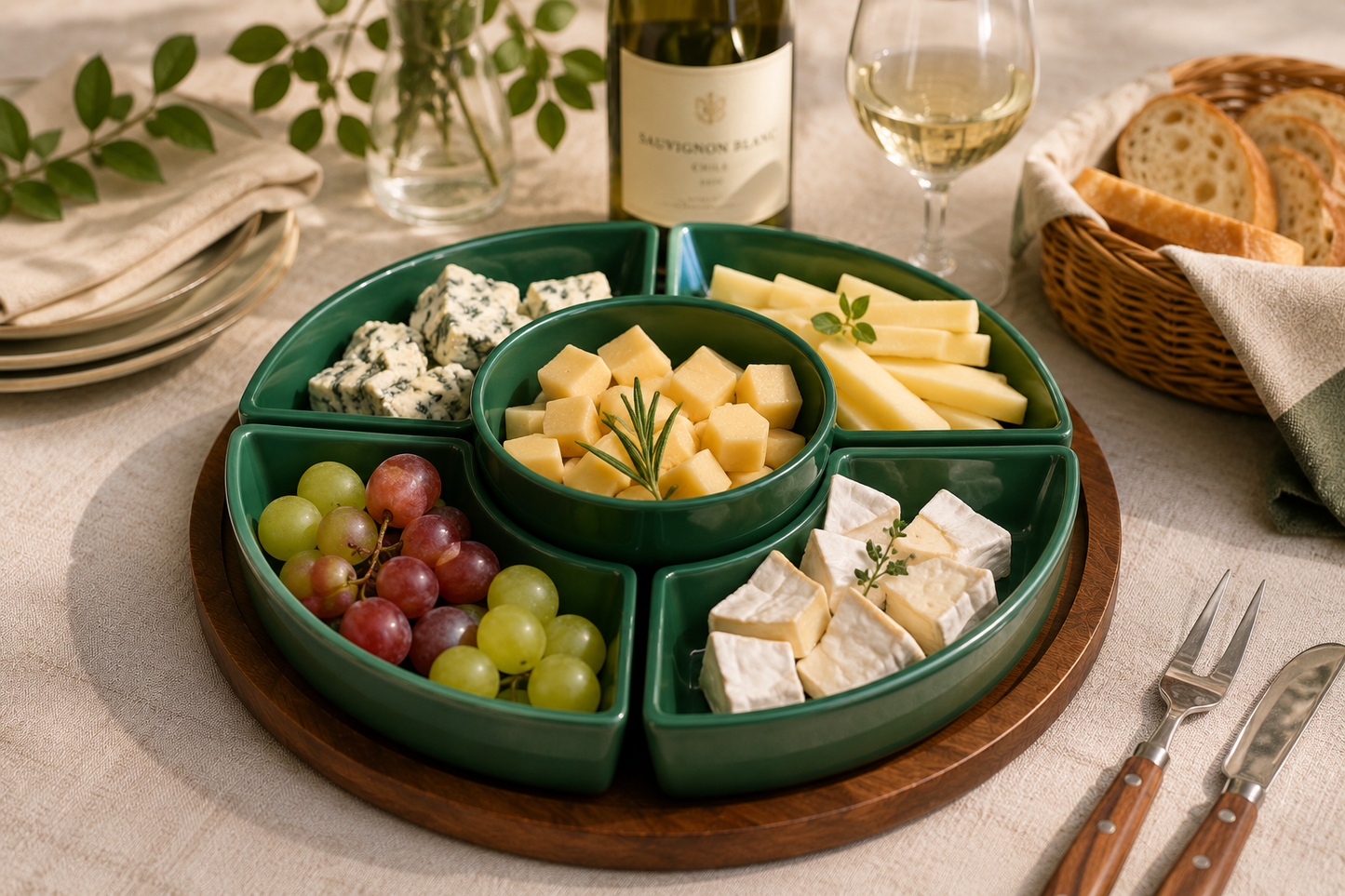 Petisqueira Gourmet Premium 5 Divisórias com Bowl Central – Cerâmica Verde com Base de Madeira