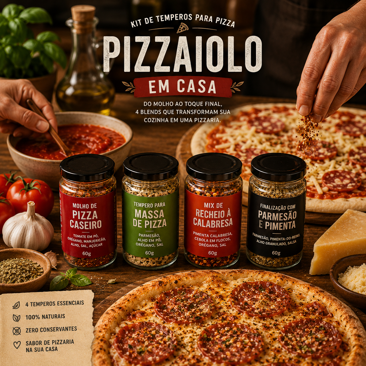 Kit de Temperos para Pizza | 4 Blends Artesanais | Molho, Massa, Recheio e Finalização | 240g