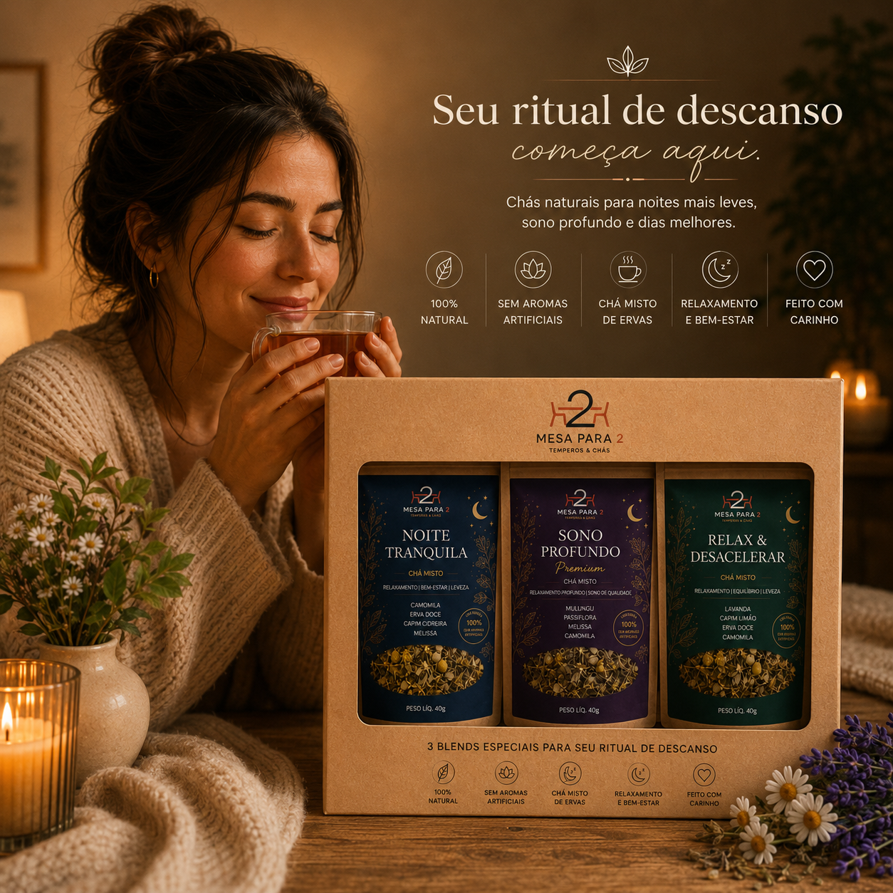 Ritual de descanso com chá relaxante