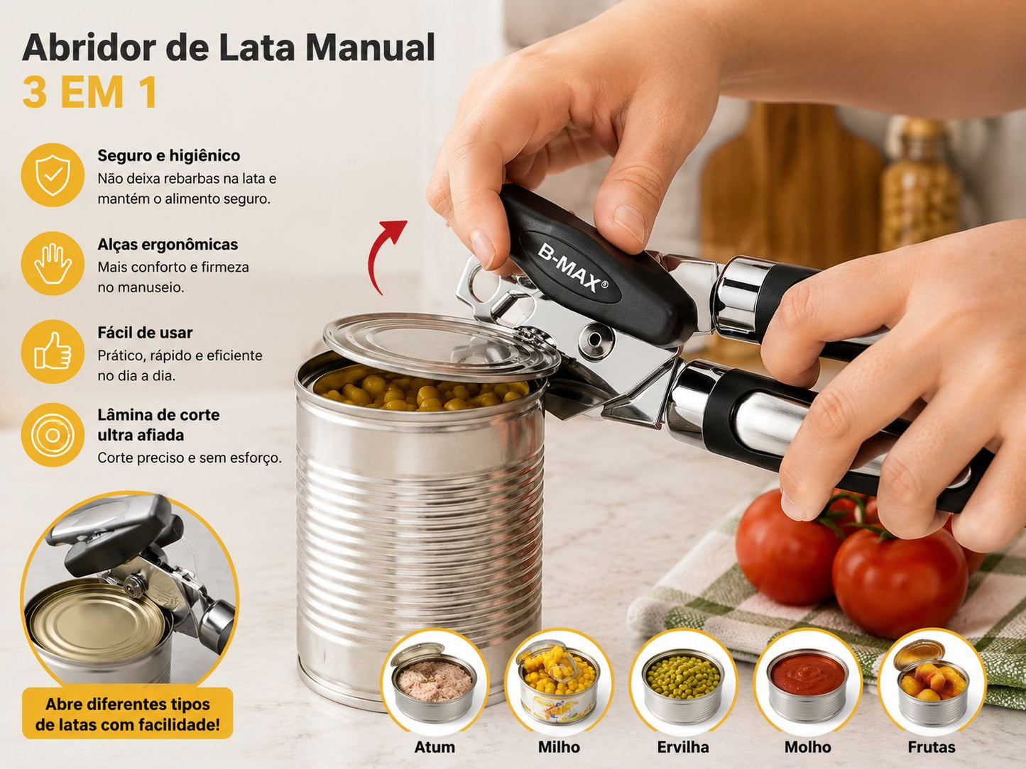 Abridor de Latas 3 em 1 Profissional – Corte Seguro e Sem Esforço