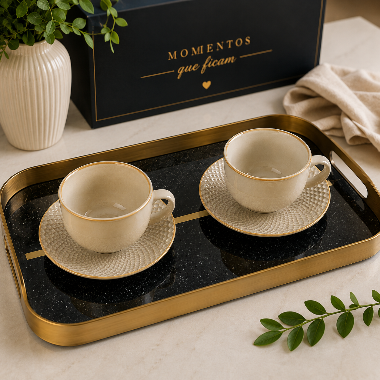 Bandeja Premium Preto & Dourado com Base em Vidro – Lux Serve Collection