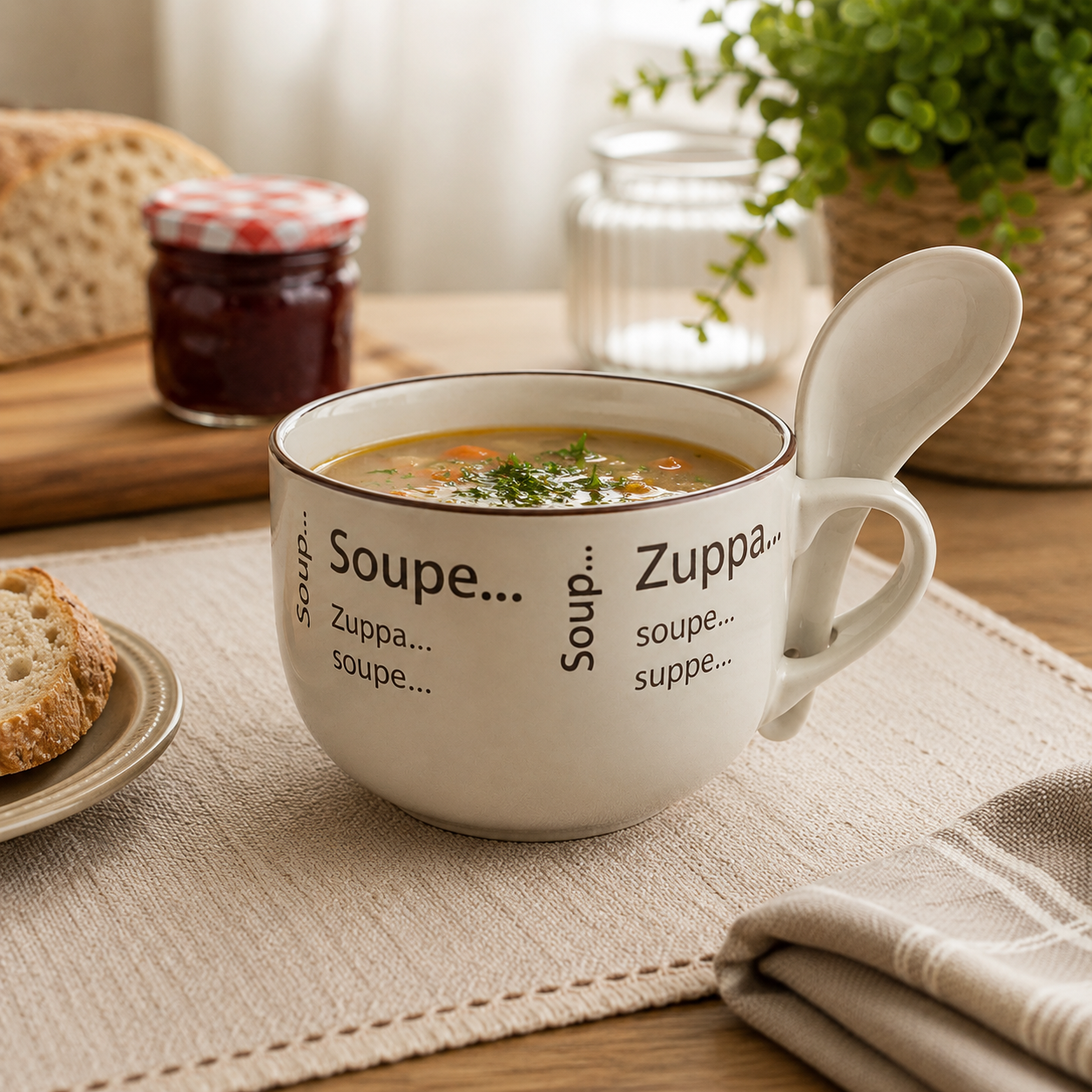 Caneca para Sopa com Colher – 470ml | Linha Comfort Kitchen
