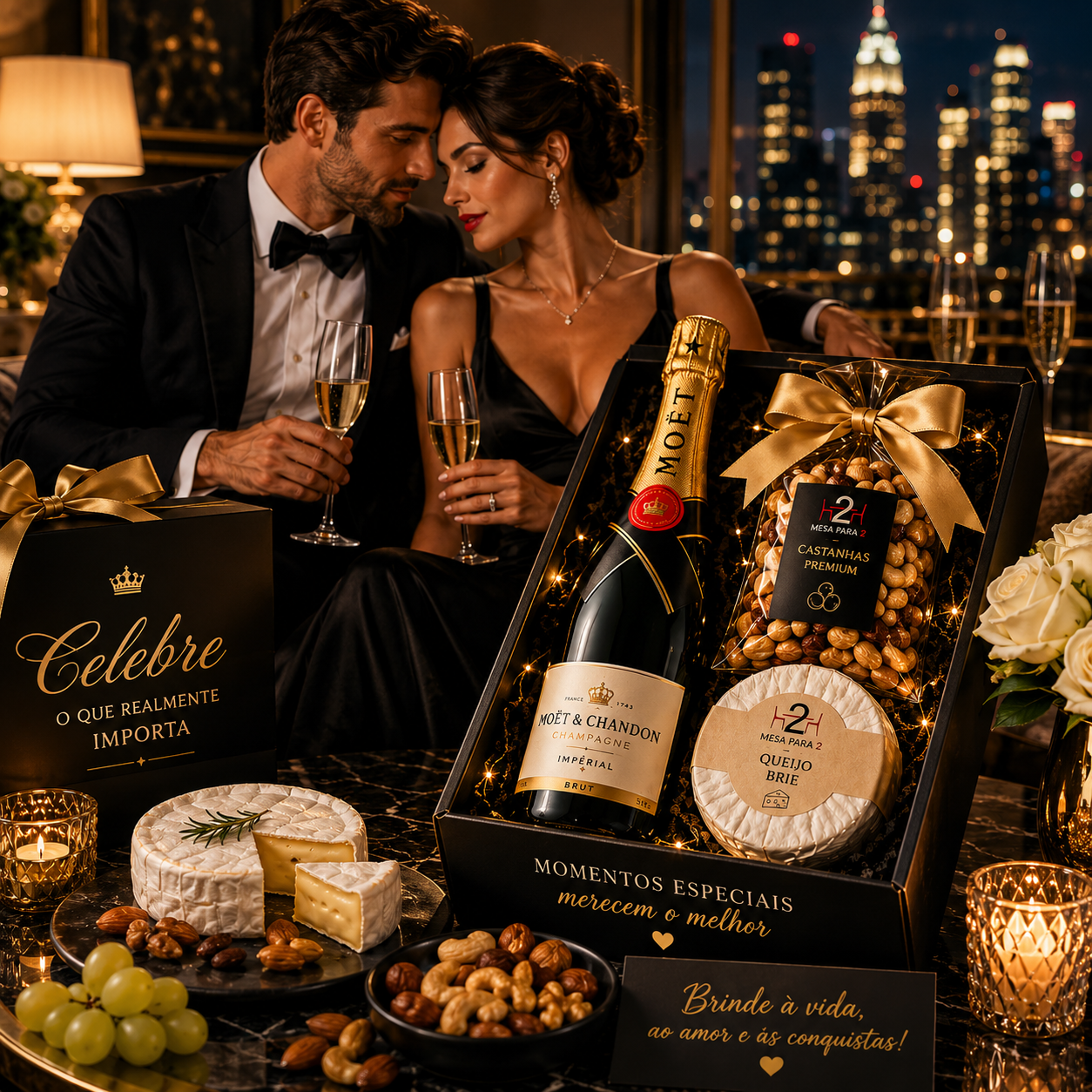 Kit Champagne Celebration com Moët & Chandon, Queijo Brie e Castanhas Premium – Presente Sofisticado