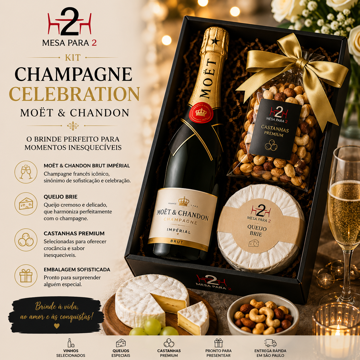 Kit Champagne Celebration com Moët & Chandon, Queijo Brie e Castanhas Premium – Presente Sofisticado