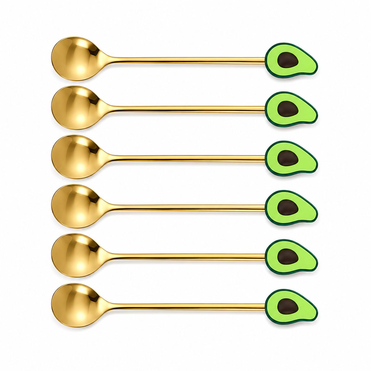 Colher de Café Premium Dourada com Cabo de Abacate – Kit com 6 Unidades