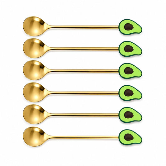 Colher de Café Premium Dourada com Cabo de Abacate – Kit com 6 Unidades
