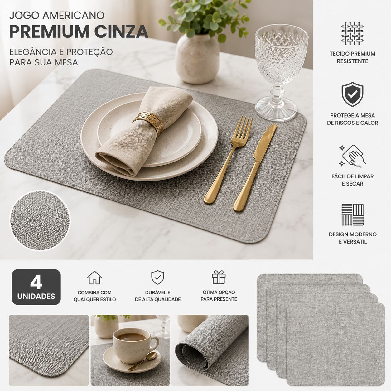 Jogo Americano Premium Cinza – Kit Completo para 4 Pessoas