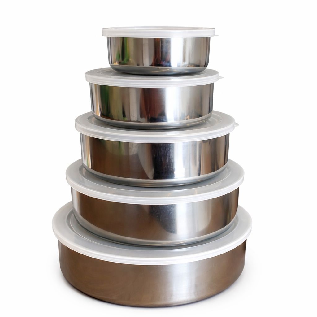 Kit 5 Tigelas Inox com Tampa – Organização Inteligente e Conservação Premium