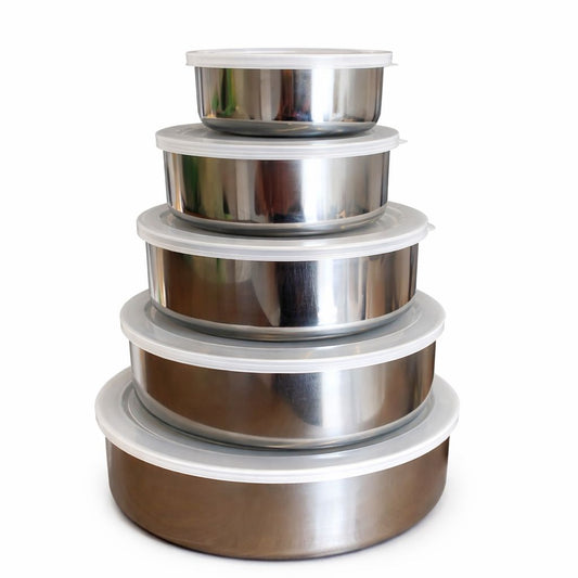 Kit 5 Tigelas Inox com Tampa – Organização Inteligente e Conservação Premium