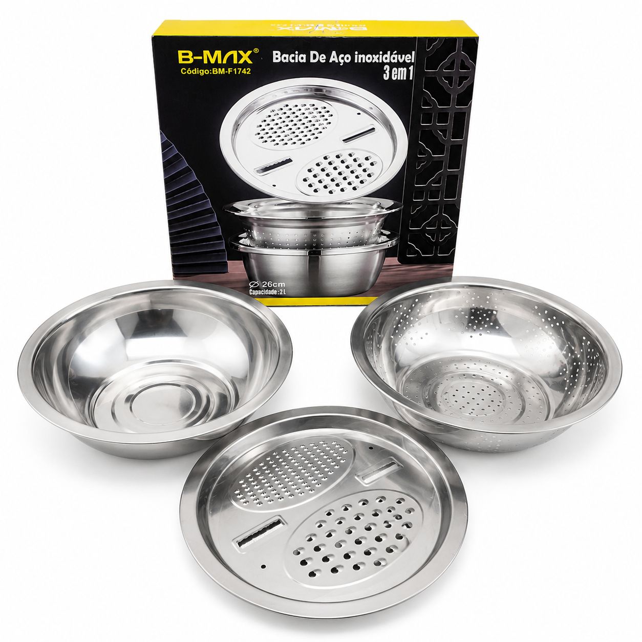 Kit Bacia Inox 3 em 1 com Ralador e Escorredor – Multiuso Gourmet Premium
