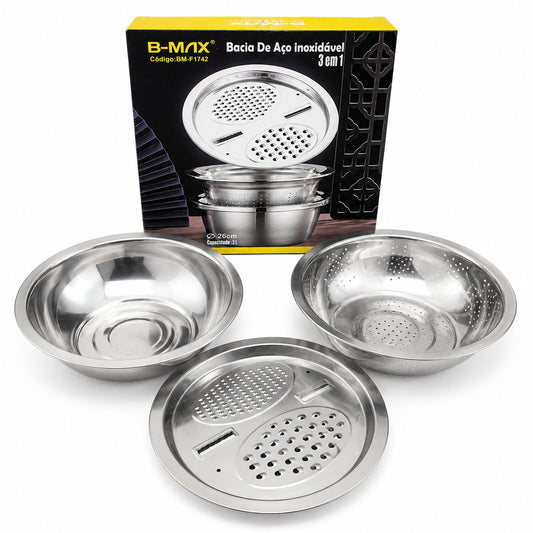 Kit Bacia Inox 3 em 1 com Ralador e Escorredor – Multiuso Gourmet Premium