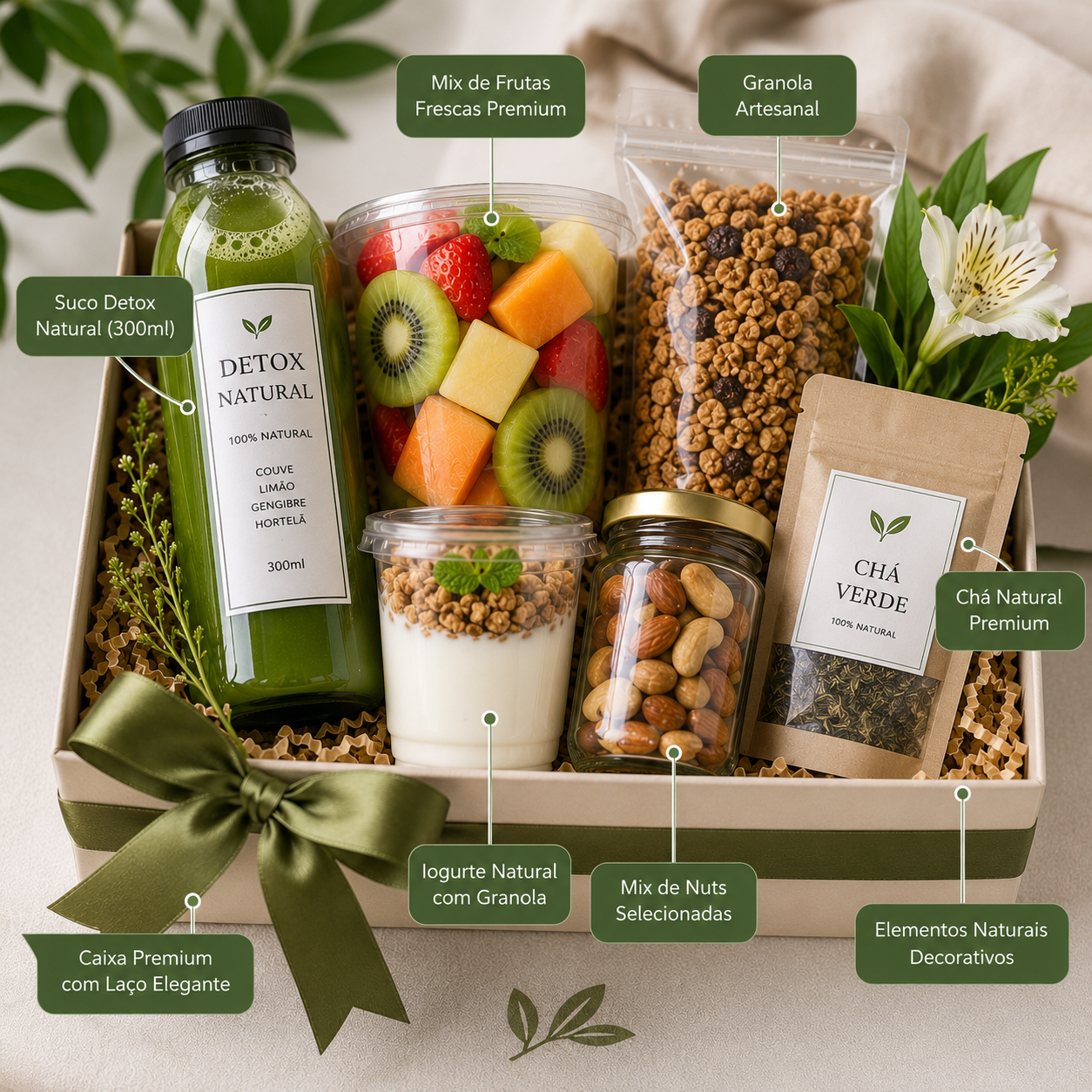 Kit Café da Manhã Fitness Detox Fresh Elegance – Leve, Natural e Sem Açúcar | Presente Saudável Premium