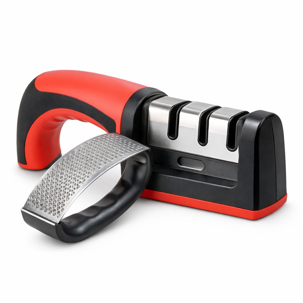 Kit Cozinha Profissional 2 em 1 – Amolador de Facas + Espremedor de Alho Premium
