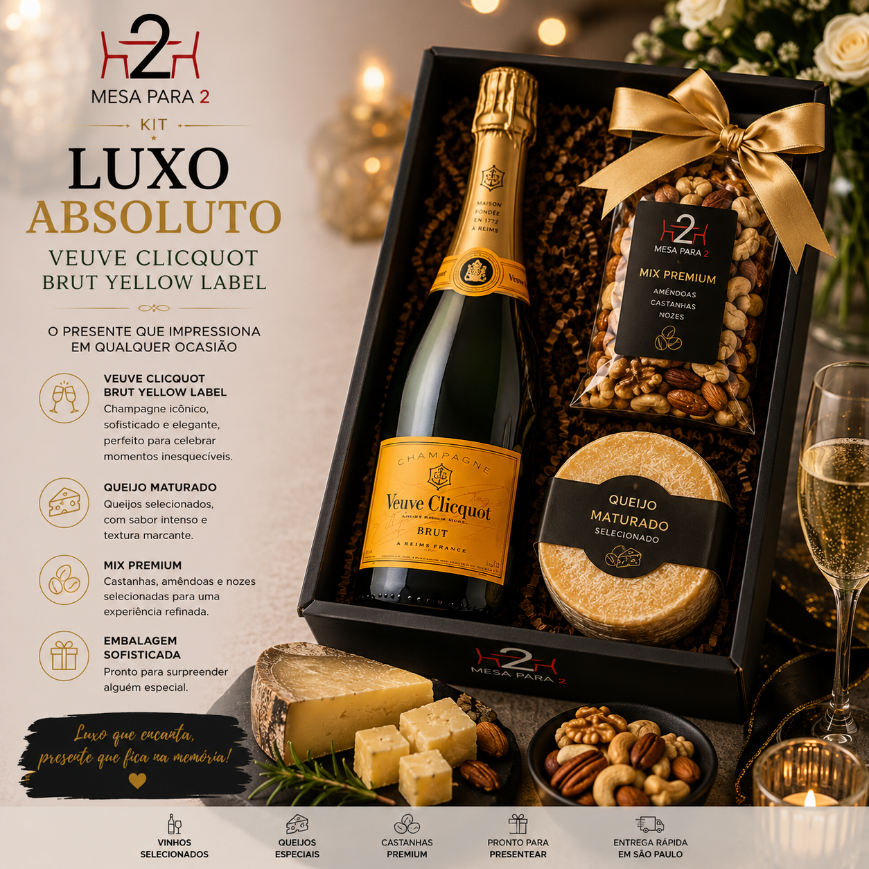 Kit Luxo Absoluto com Champagne Veuve Clicquot, Queijo Maturado e Mix Premium – Presente Sofisticado
