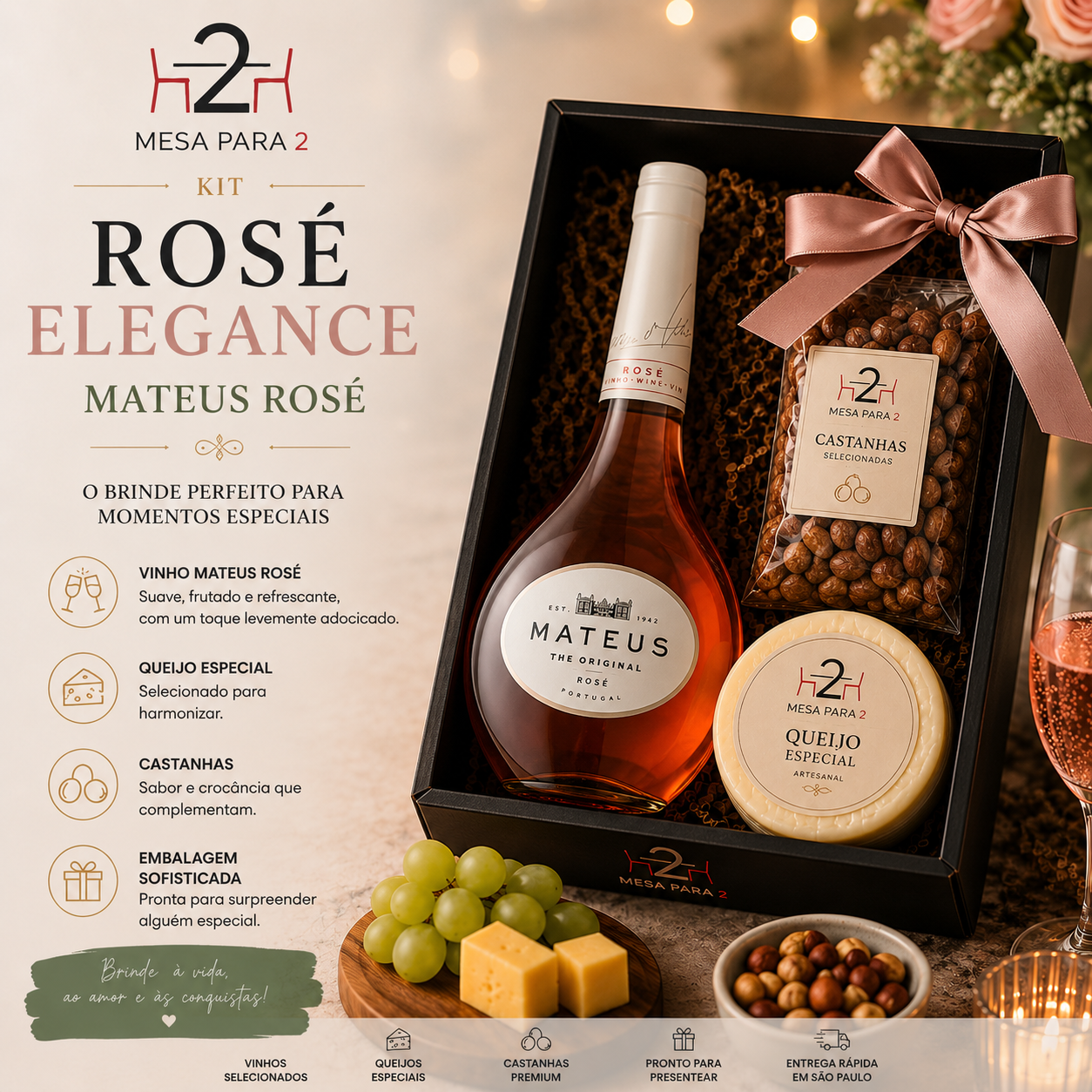 Kit Presente Rosé Elegance com Vinho Mateus + Queijo Especial + Castanhas Premium – Caixa Sofisticada para Momentos Especiais