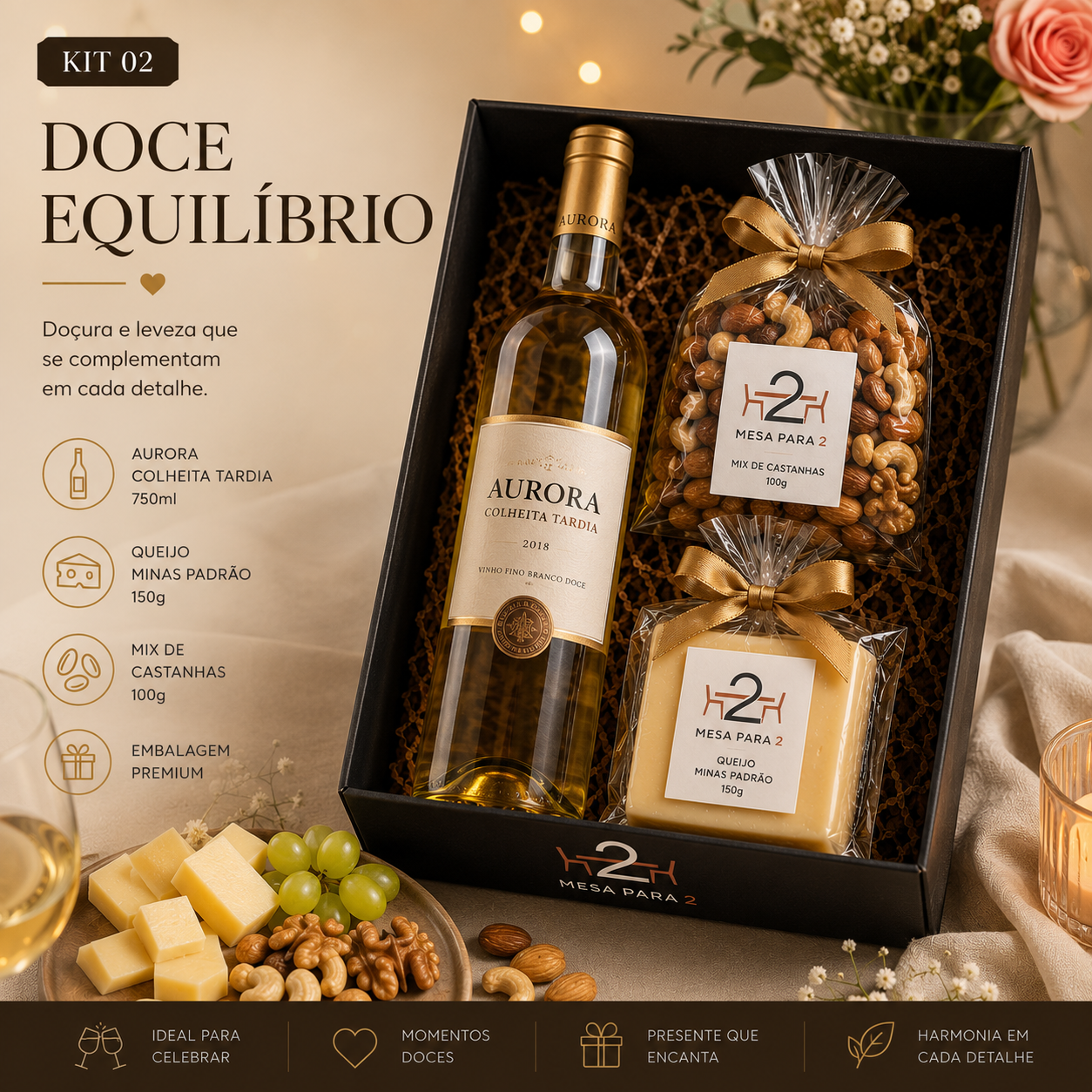 Kit Presente com Vinho Doce Aurora Colheita Tardia, Queijo Minas e Castanhas | Doce Equilíbrio