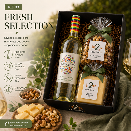 Kit Presente com Vinho Mosketto Branco, Queijo Mussarela e Castanhas | Fresh Selection