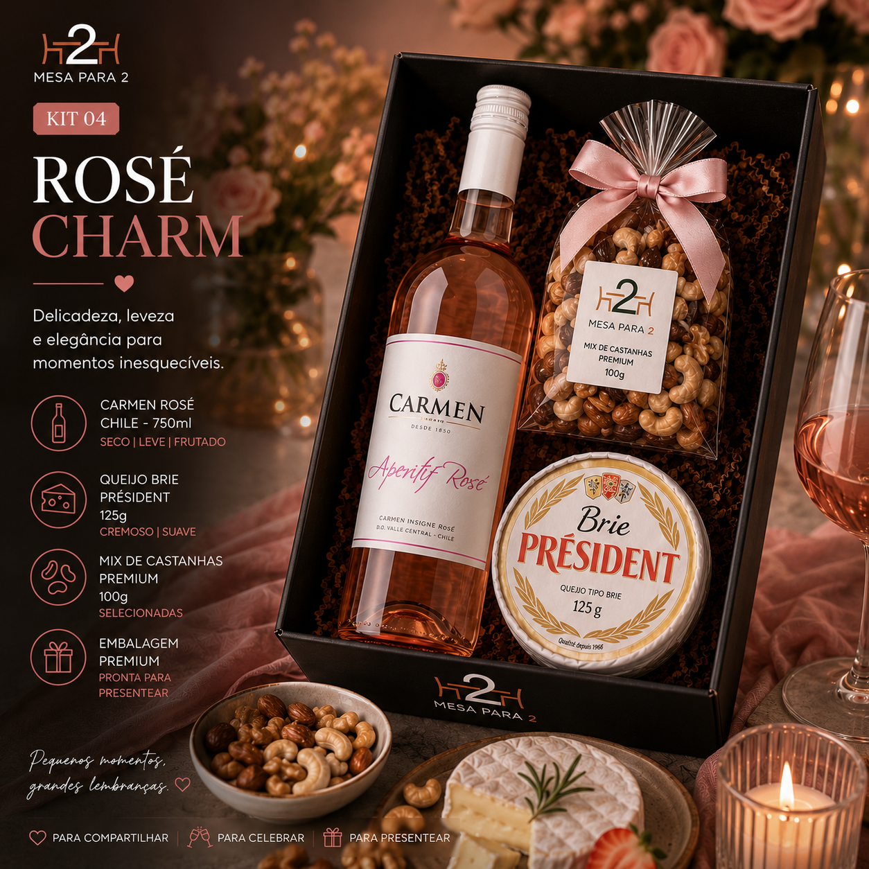 Kit Presente com Vinho Rosé Carmen Chileno, Queijo Brie Président e Castanhas Premium | Rosé Charm