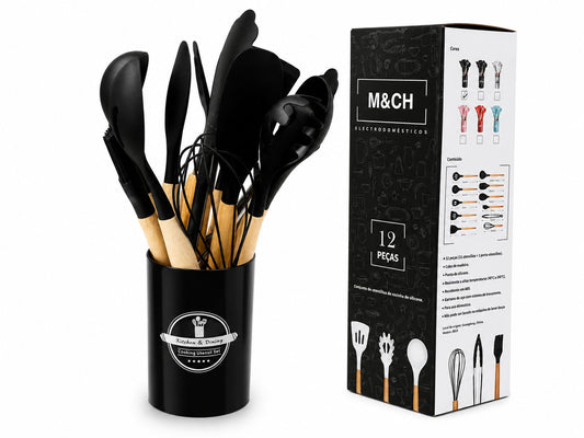 Kit Utensílios de Cozinha Premium M&CH – 12 Peças em Silicone com Suporte