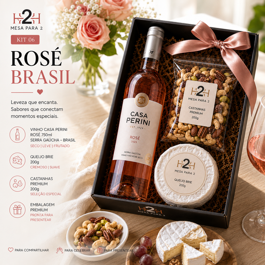 Kit Vinho Rosé Casa Perini com Queijo Brie 200g e Castanhas Premium | Presente Gourmet Mesa Para 2