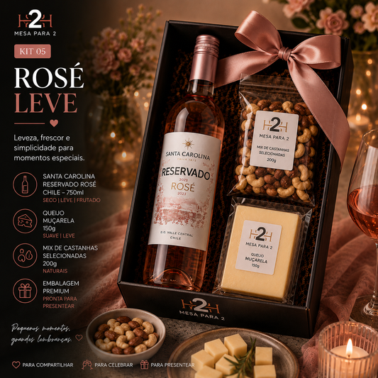 Kit Vinho Rosé Chileno Santa Carolina com Queijo Muçarela e Castanhas 200g | Presente Gourmet Elegante Mesa Para 2