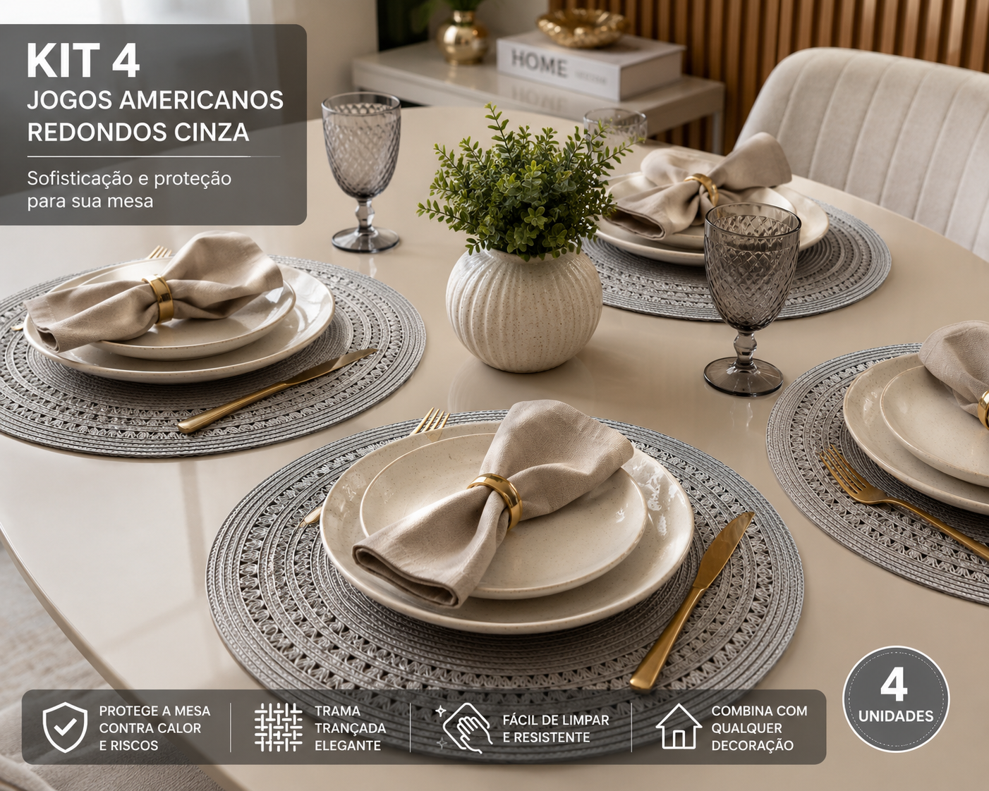 Kit 4 Jogos Americanos Redondos Cinza Trançado – Modern Table Collection