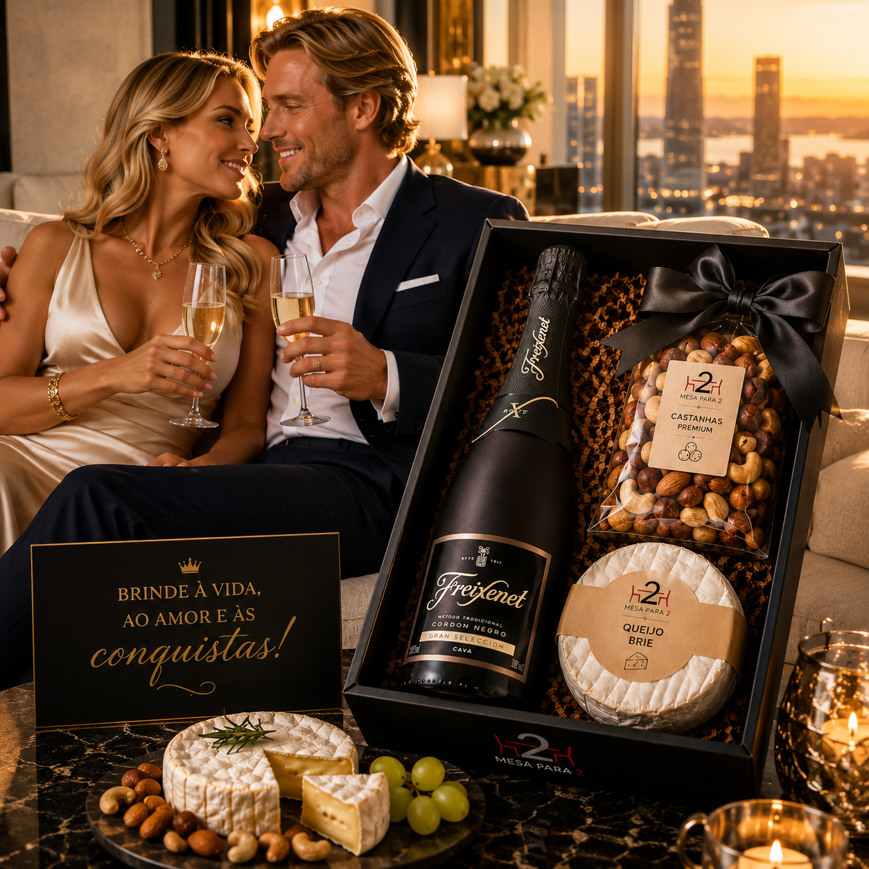 Kit Brinde Perfeito com Freixenet Cordon Negro, Queijo Brie e Castanhas Premium – Presente Elegante