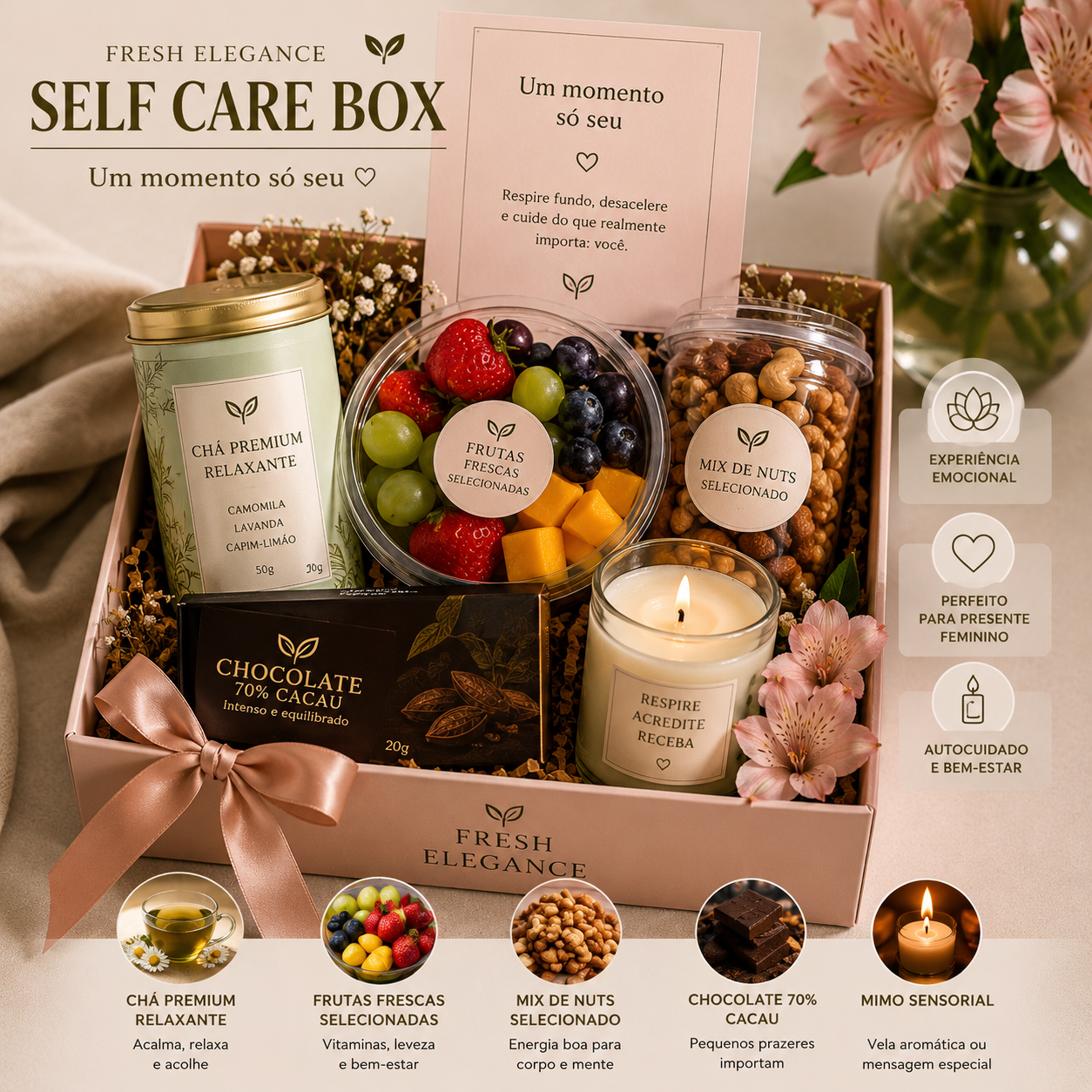 Kit Café da Manhã Self Care Fresh Elegance – Experiência de Autocuidado, Chá Premium e Bem-Estar