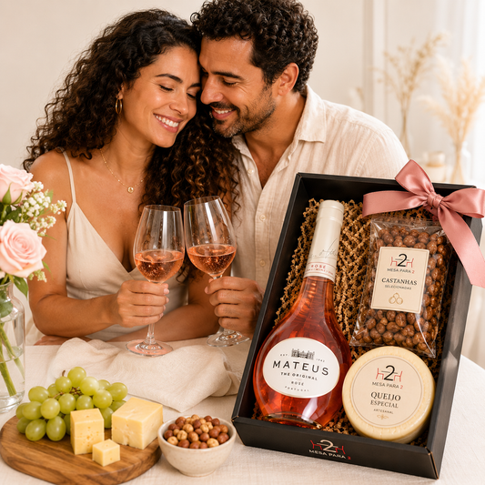 Kit Presente Rosé Elegance com Vinho Mateus + Queijo Especial + Castanhas Premium – Caixa Sofisticada para Momentos Especiais
