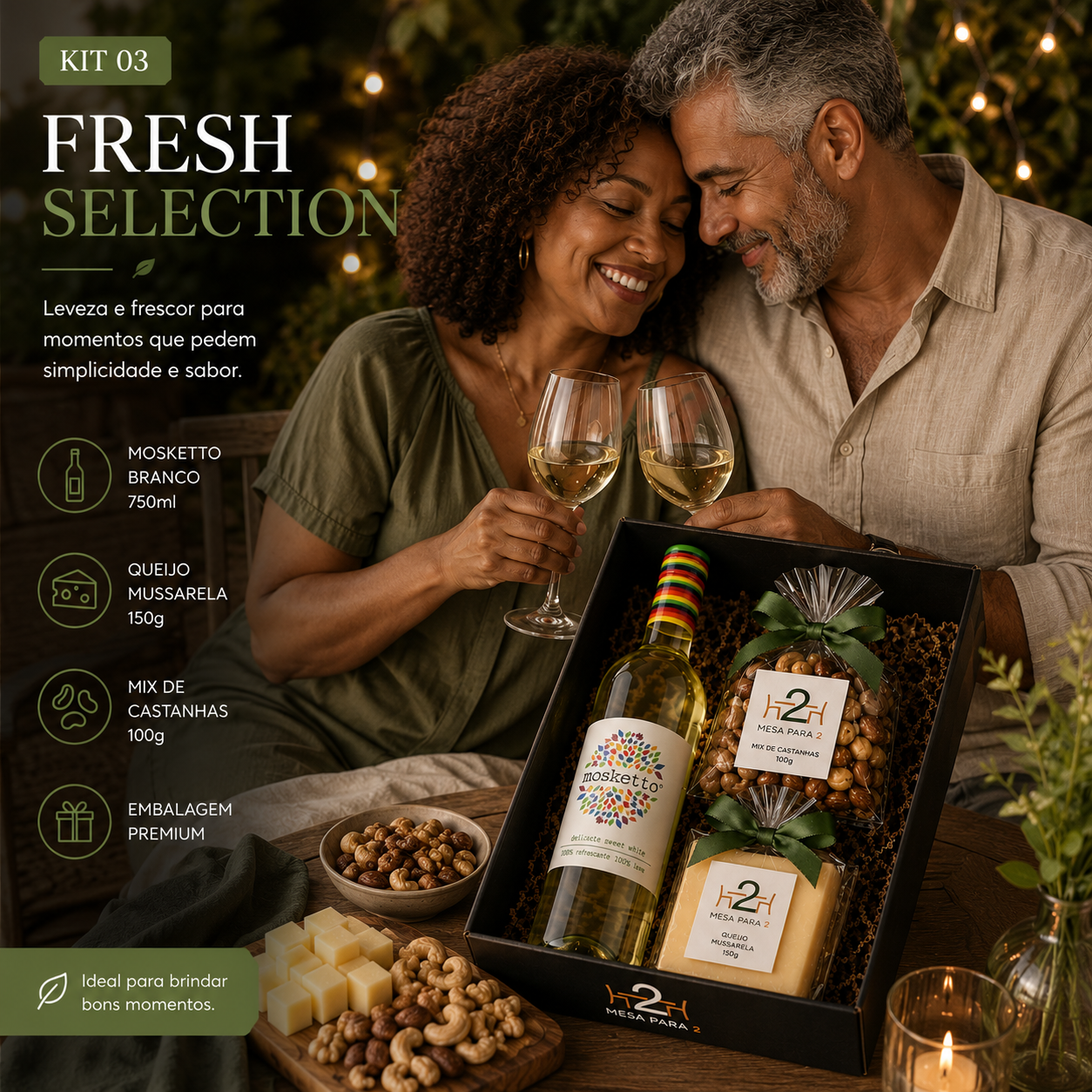 Kit Presente com Vinho Mosketto Branco, Queijo Mussarela e Castanhas | Fresh Selection