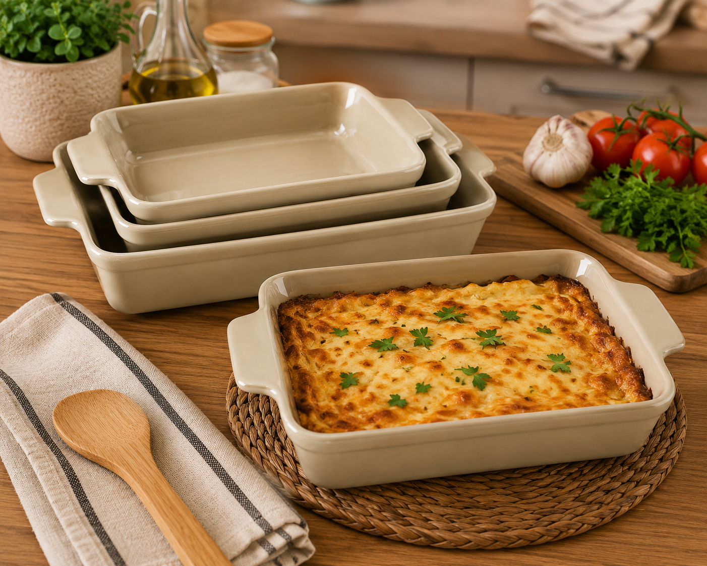 Kit Travessas Retangulares de Cerâmica com Alça – 3 Peças | Linha Elegance Forno & Mesa