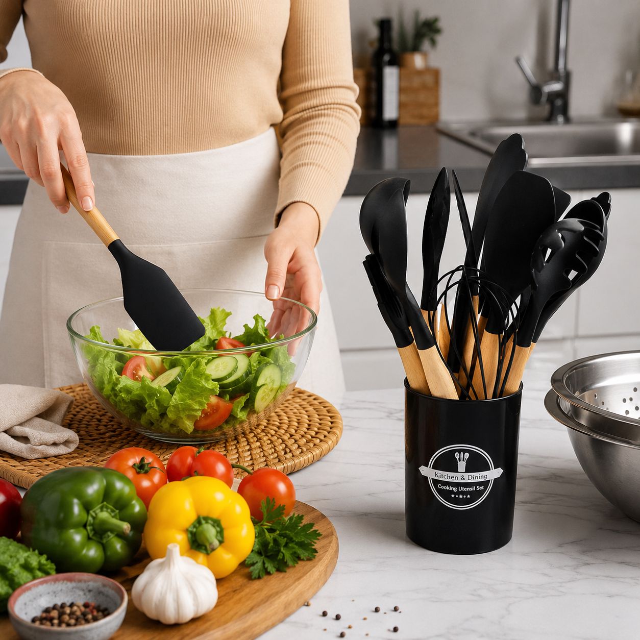 Kit Utensílios de Cozinha Premium M&CH – 12 Peças em Silicone com Suporte