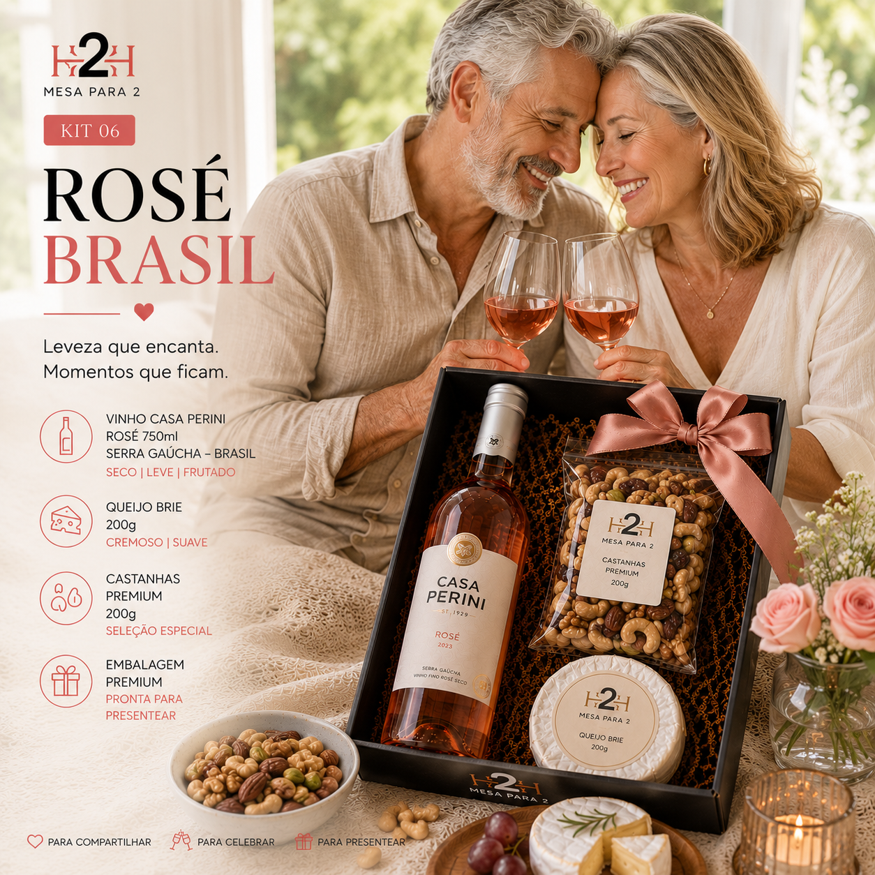 Kit Vinho Rosé Casa Perini com Queijo Brie 200g e Castanhas Premium | Presente Gourmet Mesa Para 2