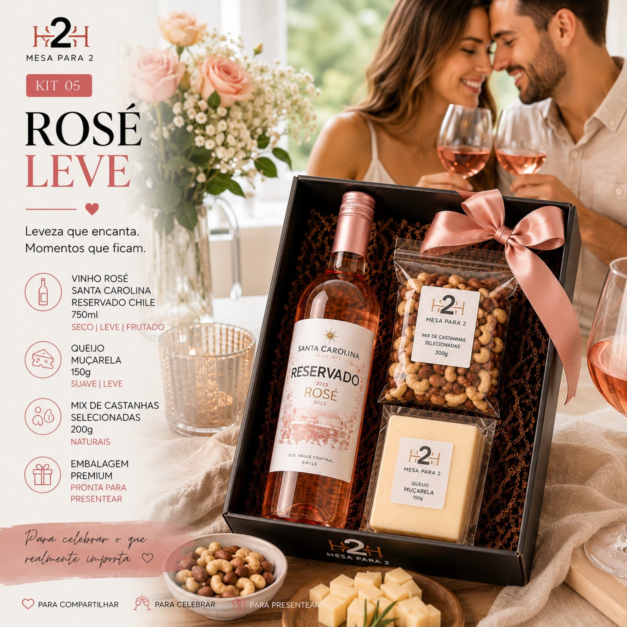 Kit Vinho Rosé Chileno Santa Carolina com Queijo Muçarela e Castanhas 200g | Presente Gourmet Elegante Mesa Para 2