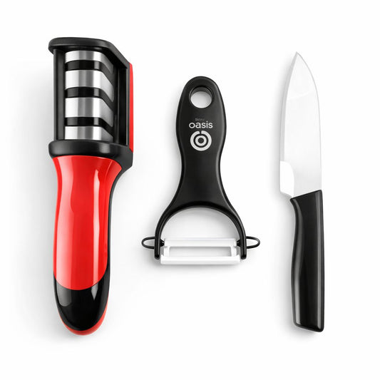 Kit Essencial de Cozinha 3 em 1 – Amolador + Descascador + Faca Profissional