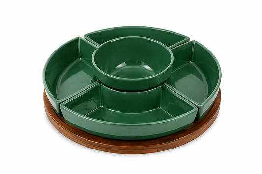 Petisqueira Gourmet Premium 5 Divisórias com Bowl Central – Cerâmica Verde com Base de Madeira