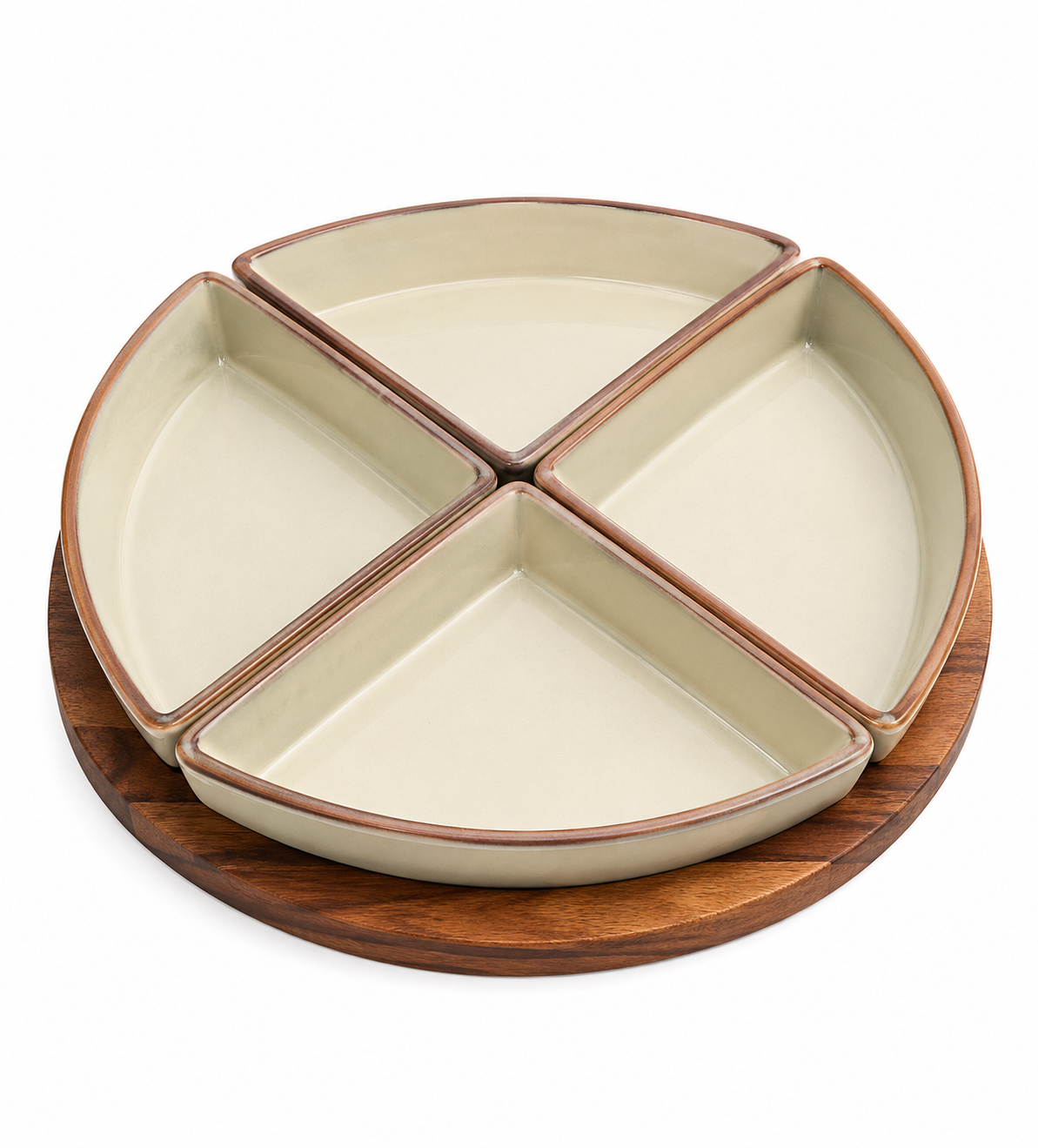 Petisqueira Premium Cerâmica 4 Divisórias com Base de Madeira – Elegance Serve