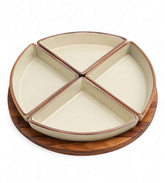 Petisqueira Premium Cerâmica 4 Divisórias com Base de Madeira – Elegance Serve