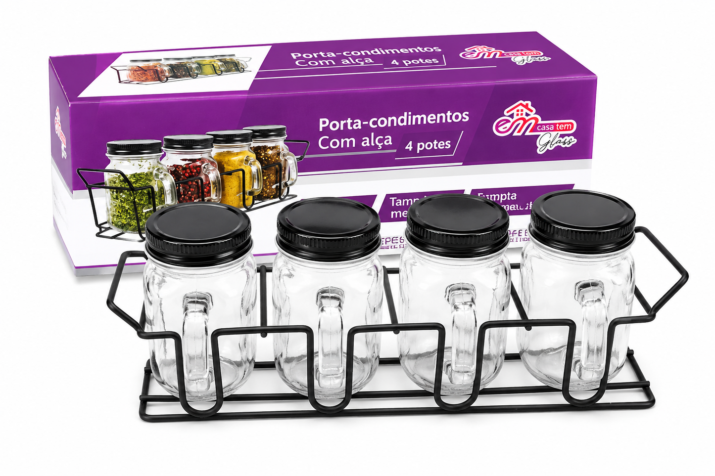 Porta Temperos com Suporte Premium – Kit 4 Potes de Vidro com Tampa e Alça